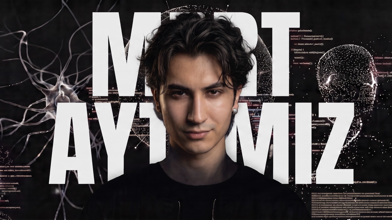 Mert Aytemiz, AI Software Engineer, portrait over a neural network and source code composition